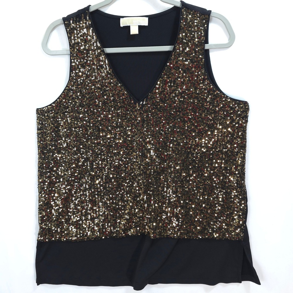 Michael Kors Sequin Tank Top Women M Gold Black Sleeveless Glam Party Night Out